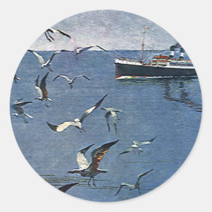Sticker Rond Oiseaux vintages Animaux, mouettes et bateaux de p