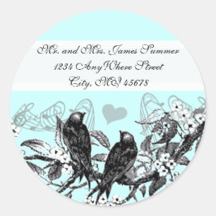 Sticker Rond Oiseaux vintages Fleurs blanches Mariage Adresse d