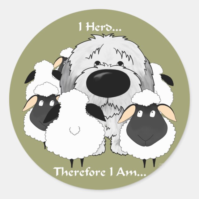 Sticker Rond Old English Sheepdog - Je Hérite Donc Je Suis (Devant)