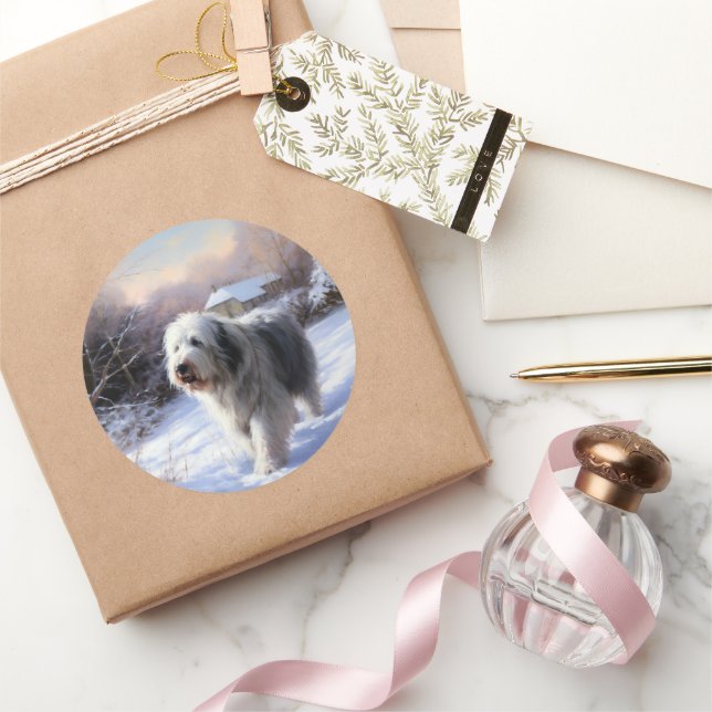 Sticker Rond Old English Sheepdog Laisser neiger Noël (Cadeaux)