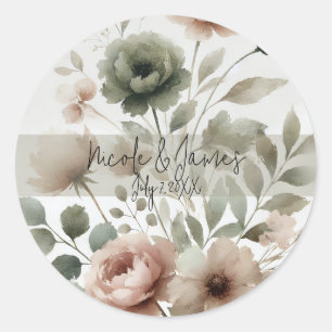 Sticker Rond Olive et Mariage floral rose pâle