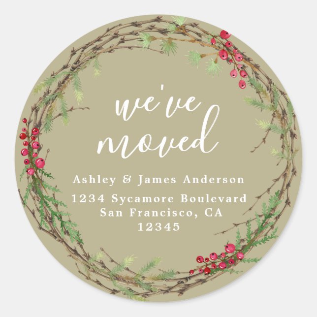 Sticker Rond Olive Green Holiday Greenery Weve Moved Address (Devant)