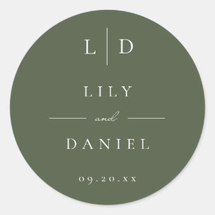 Sticker Rond Olive Green Minimaliste Monogramme Mariage Faveur