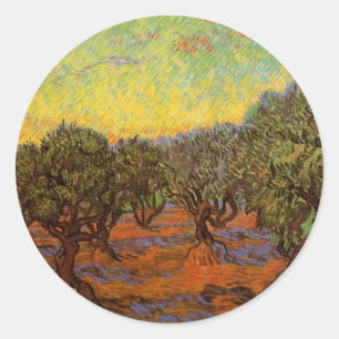 Sticker Rond Oliveraie, ciel orange de Vincent van Gogh