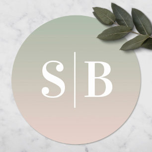 Sticker Rond Ombre feuille monogramme vert et Mariage rose clai