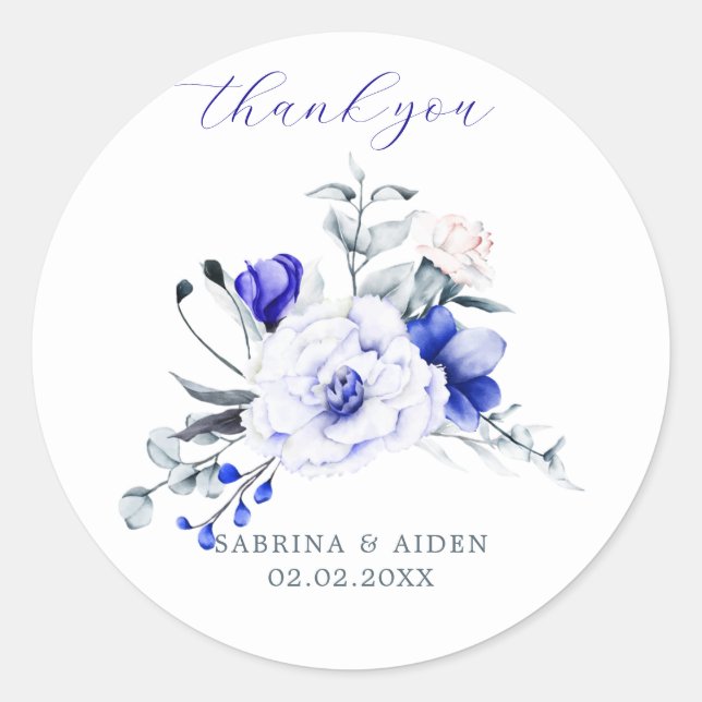 Sticker Rond Ombre Royal Blue Ivory Floral Mariage (Devant)