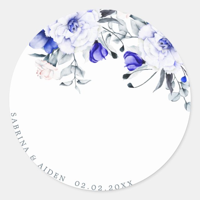 Sticker Rond Ombre Royal Blue Ivory Floral Mariage (Devant)