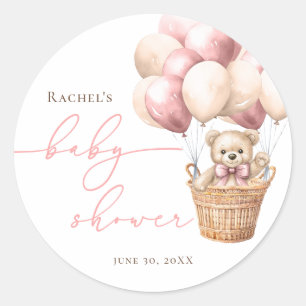 Sticker Rond On Peut Attendre   Bear Balloon Baby shower rose