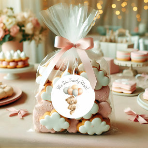 Sticker Rond On peut attendre mignon Baby shower fille ours
