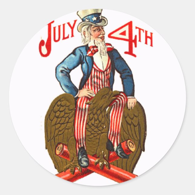 Sticker Rond Oncle Sam Firecrackers Juillet 4 Patriotique Vinta (Devant)