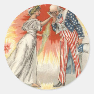 Sticker Rond Oncle Sam Lady Liberty États-Unis Drapeau Feu d'ar