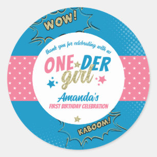 Sticker Rond Onder Girl rose et bleu Premier anniversaire