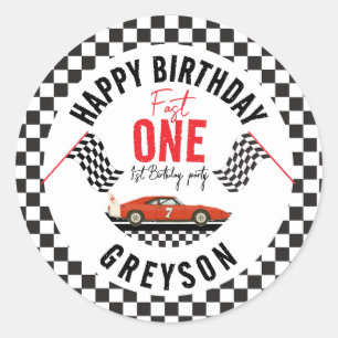 Sticker Rond One Fast Race Car Boy 1ère fête d'anniversaire