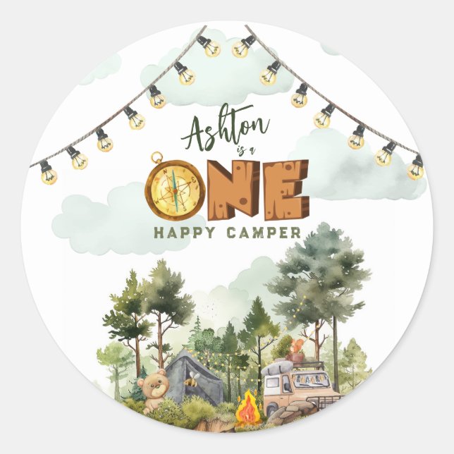 Sticker Rond One Happy Camper First Birthday  (Devant)