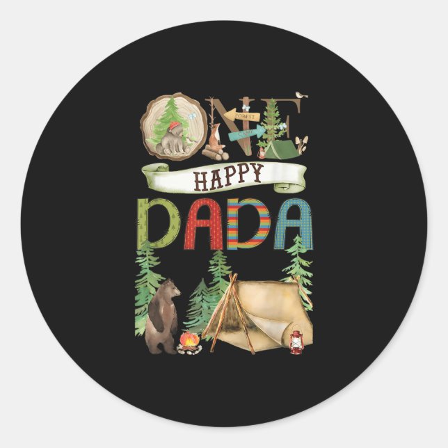 Sticker Rond One Happy Dada Camper First Birthday Camng Bear  (Devant)