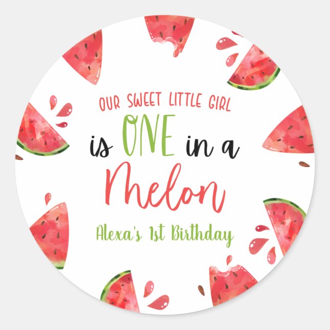 Sticker Rond One In A Melon 1er Anniversaire Fête Watermelon (Devant)