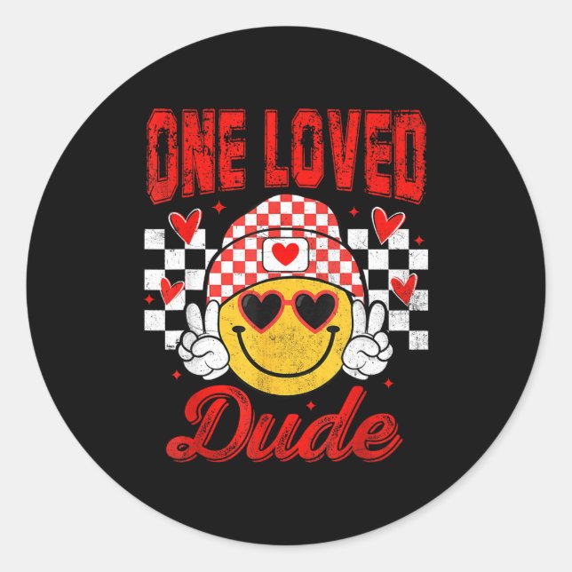 Sticker Rond One Loved Dude Checkered Heart Valentines Day Boys (Devant)