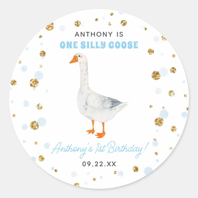 Sticker Rond One Silly Goose Boys 1ère fête d'anniversaire (Devant)