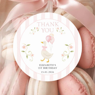 Sticker Rond One Silly Goose Girl 1st Birthday Pink Thank You
