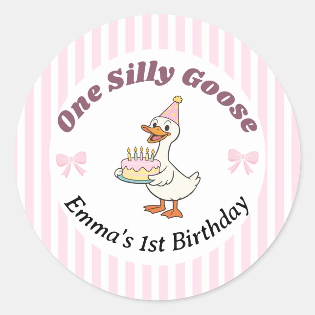 Sticker Rond One Silly Goose Pink Bow 1st Birthday (Devant)