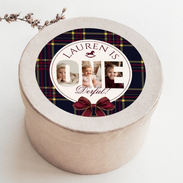 Sticker Rond OneDerful 1er Birtdhay Burgundy Classic Plaid (Créateur téléchargé)