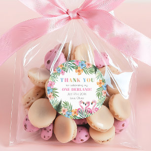 Sticker Rond Onederland Été Tropical Flamant Rose 1er Anniversa