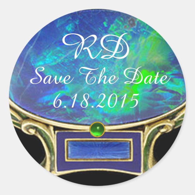 Sticker Rond OPAL VERT BLEU, JEWEL OR Enregistrer la date Monog (Devant)