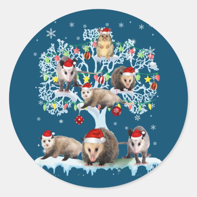 Sticker Rond Opossum sur Noël Arbre Lumières Père Noël Oposs (Devant)