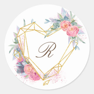 Sticker Rond or coeur rose floral élégant monogramme