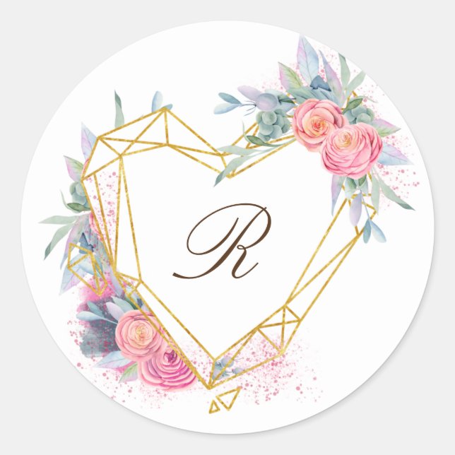 Sticker Rond or coeur rose floral élégant monogramme (Devant)