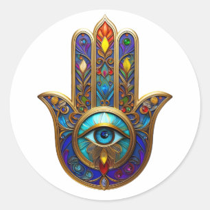 Sticker Rond Or Coloré Hamsa Turquoise Saphir Troisième Œil