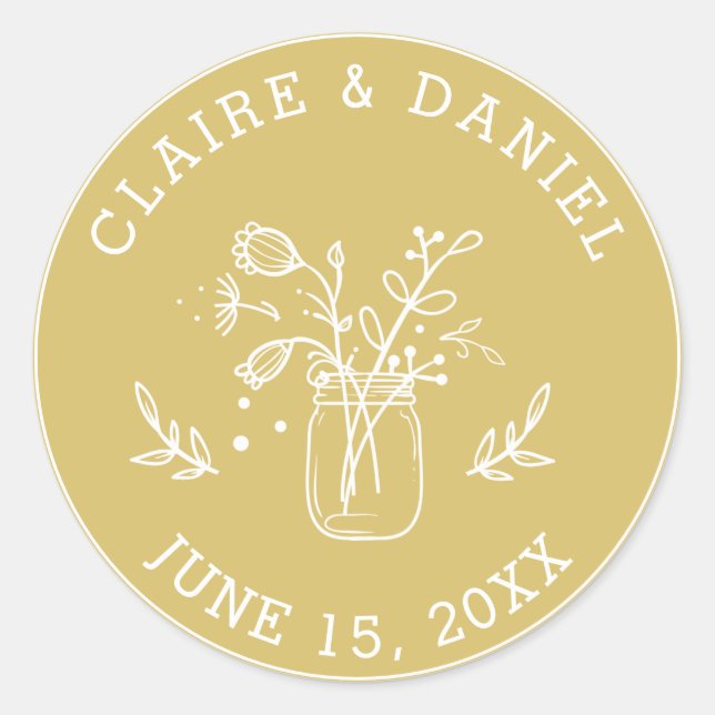 Sticker Rond Or et blanc Enregistrer la date Mason Jar Flowers (Devant)
