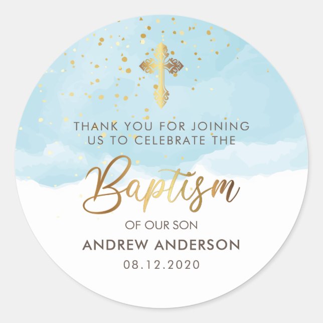 Sticker Rond Or Et Bleu Aquarelle Garçon Baptême Merci (Devant)