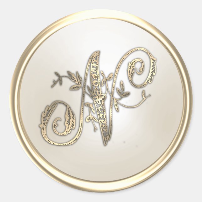 Sticker Rond Or et ivoire Ornate initial Monogramme N (Devant)