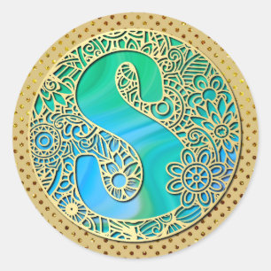 Sticker Rond Or et Turquoise Monogram S et Fleurs Colorées
