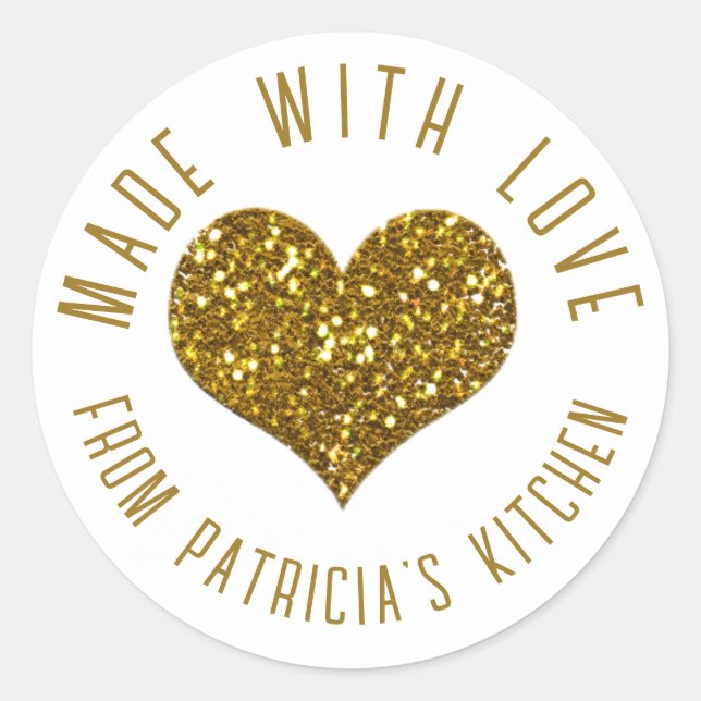 Sticker Rond Or Fait Avec Amour Parties scintillant Coeur De La (Devant)