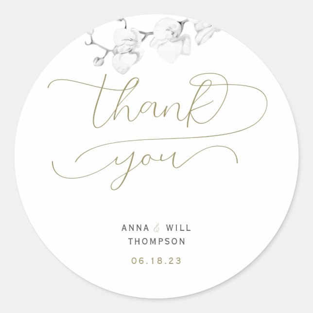 Sticker Rond Or moderne fleurit Merci Mariage orchidée (Devant)