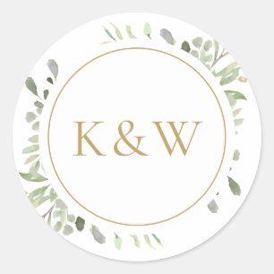 Sticker Rond Or Monogramme Aquarelle Mariage de verdure