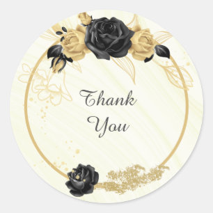 Sticker Rond or & noir floral merci mariage