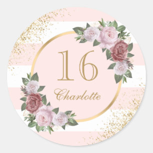 Sticker Rond Or rose Floral Sweet 16 Anniversaire