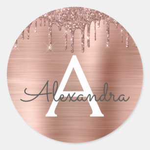 Sticker Rond Or Rose Gold - Monogramme Nom Paillettes Rose Blus