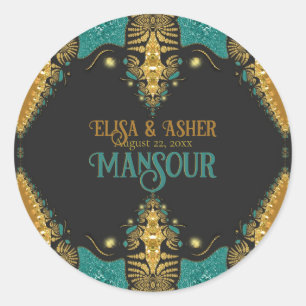Sticker Rond Or turquoise et noir Baroque Bohème Tribal Beauté
