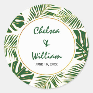 Sticker Rond Or vert feuille tropical Enregistrer le mariage de