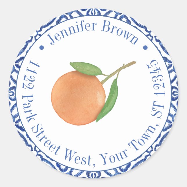 Sticker Rond Orange Bleu Et Blanc Mandarin Adresse De Retour (Devant)