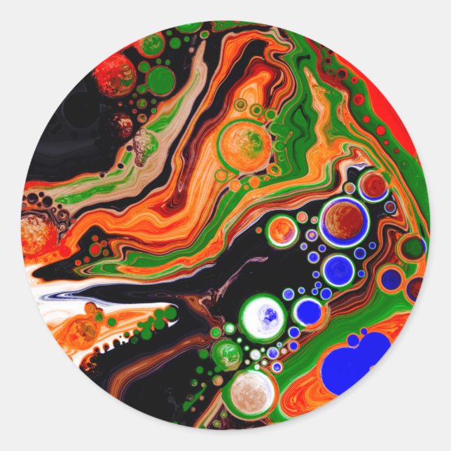 Sticker Rond Orange, Bleu, Vert, Black Digital Fluid Art (Devant)