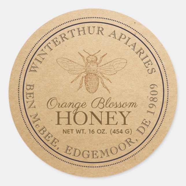 Sticker Rond Orange Blossom Editable Kraft Honey Jar Bee Étique (Devant)