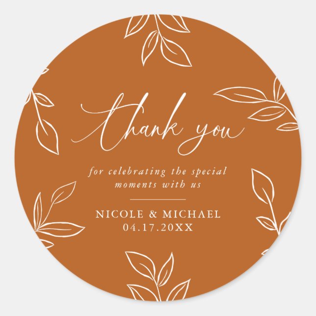 Sticker Rond Orange brûlé Élégant Merci Mariage Feuille (Devant)