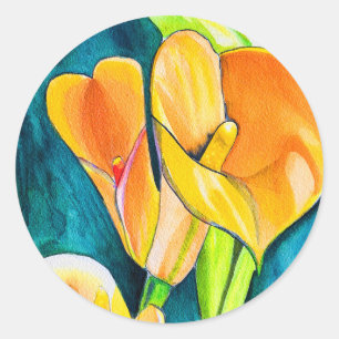 Sticker Rond Orange Calla fleurs de laine aquarelle art