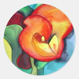Sticker Rond Orange Canna nénuphar art original aquarelle