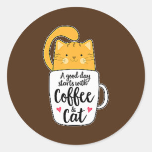 Sticker Rond Orange Cat Coffee Cute 